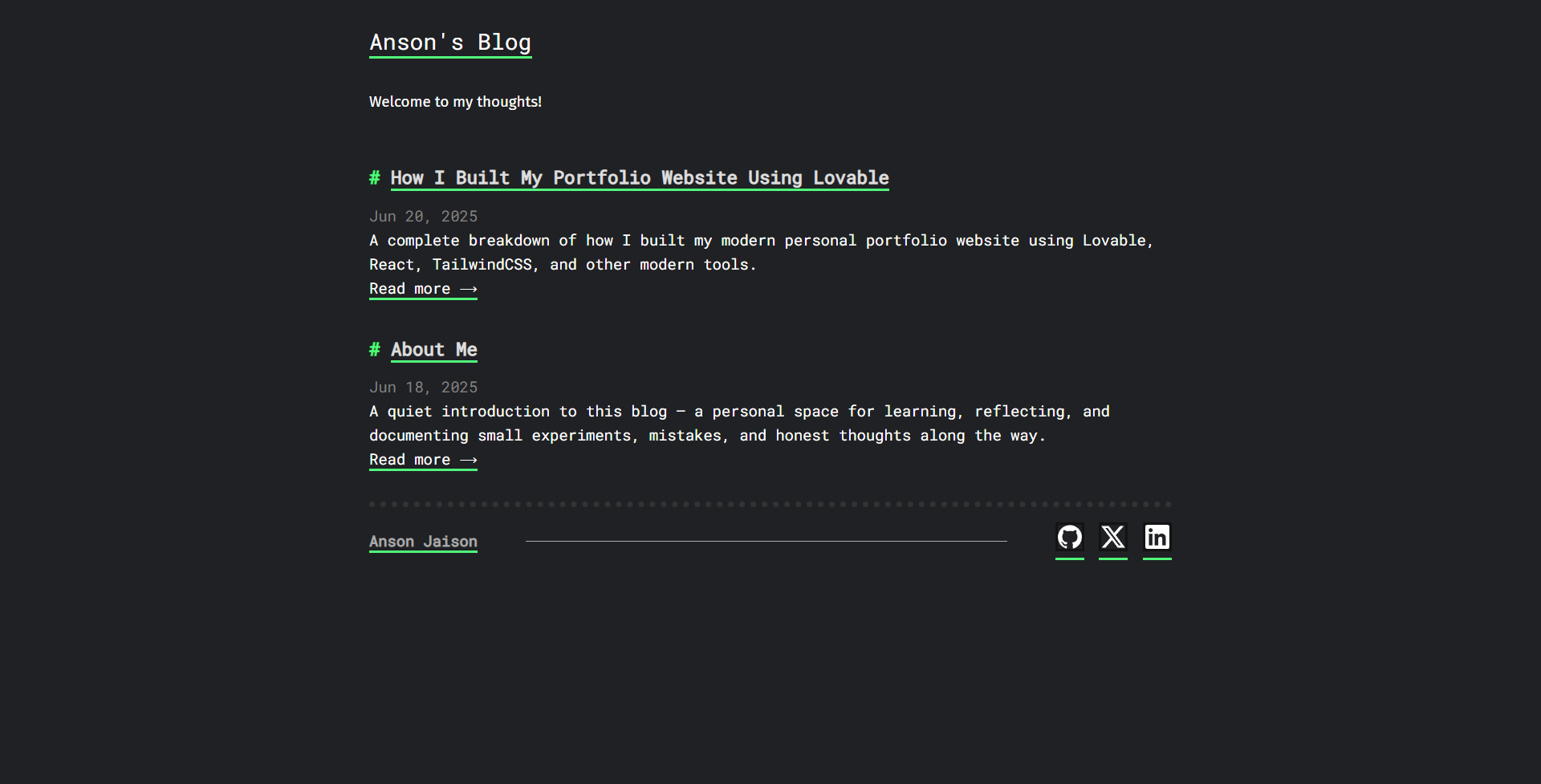 Anson Jaison Blog Website Home Page